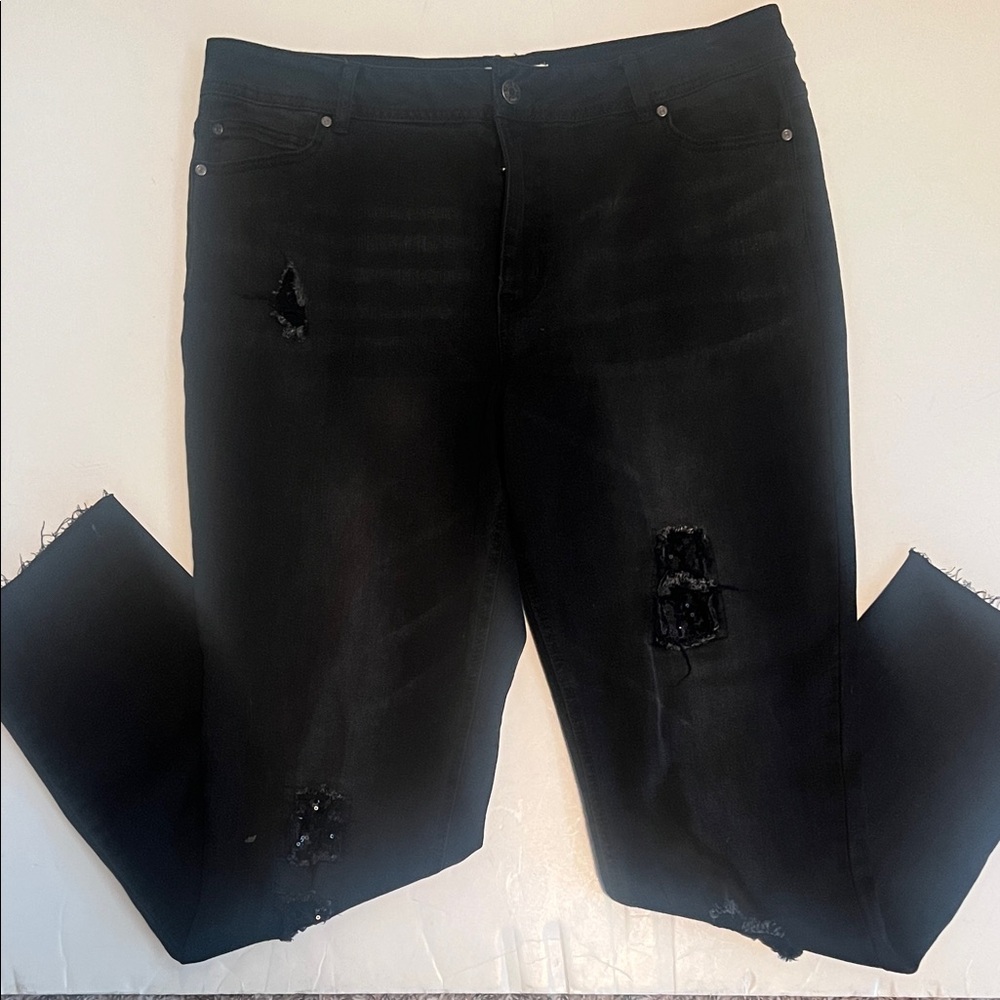 Cato Black Distressed Hi-Rise Straight Leg Jeans W/Sequined Distressed Patches